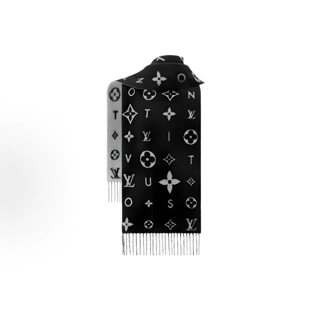 Black‑Grey Alphabet Monogram Reversible Fringed Winter Scarf