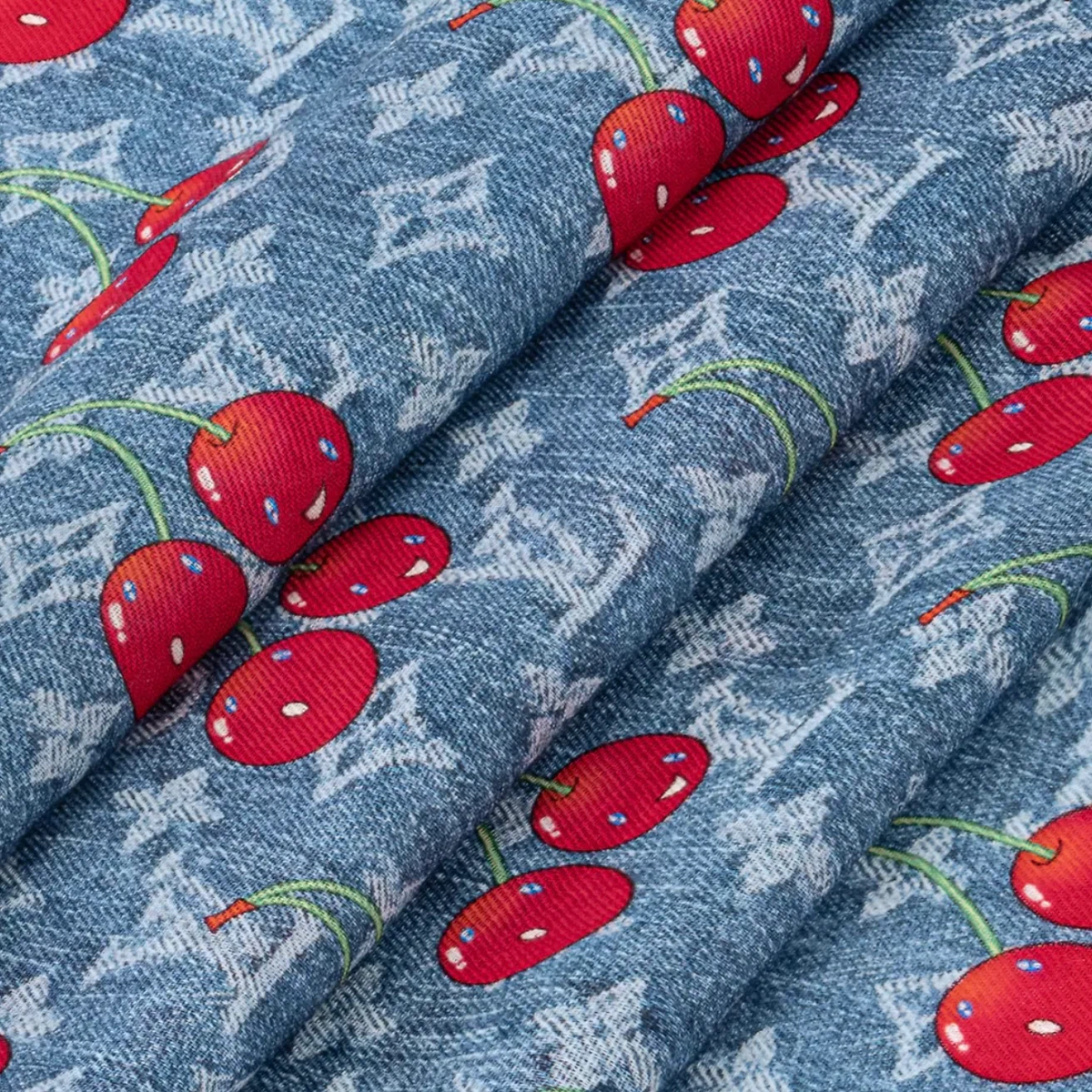 Denim Blue Cherry Print Fringed Square Shawl Scarf