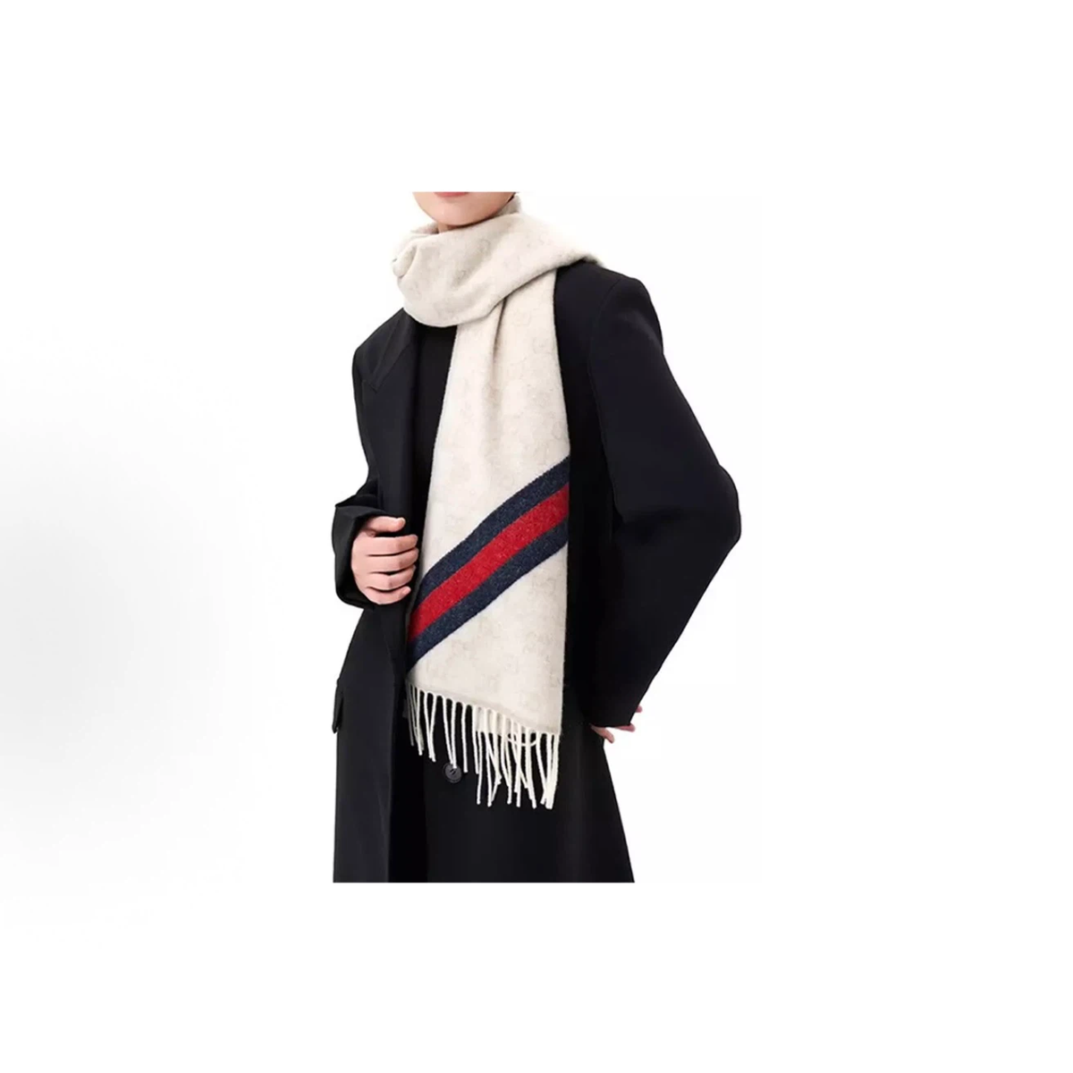 Gucci Re‑versible GG Jacquard Wool‑Silk Scarf Cream Off‑White Web Stripe Fringed Unisex Winter Shawl Wrap