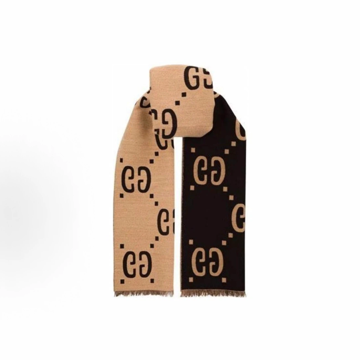Gucci Reversible GG Jacquard Wool‑Silk Scarf Beige Dark Brown Fringed Unisex Winter Shawl Wrap