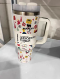 40oz Christmas Print Quencher Tumbler, Stainless Steel Insulated Travel Mug with Handle & Lid, Holiday Gift Cup