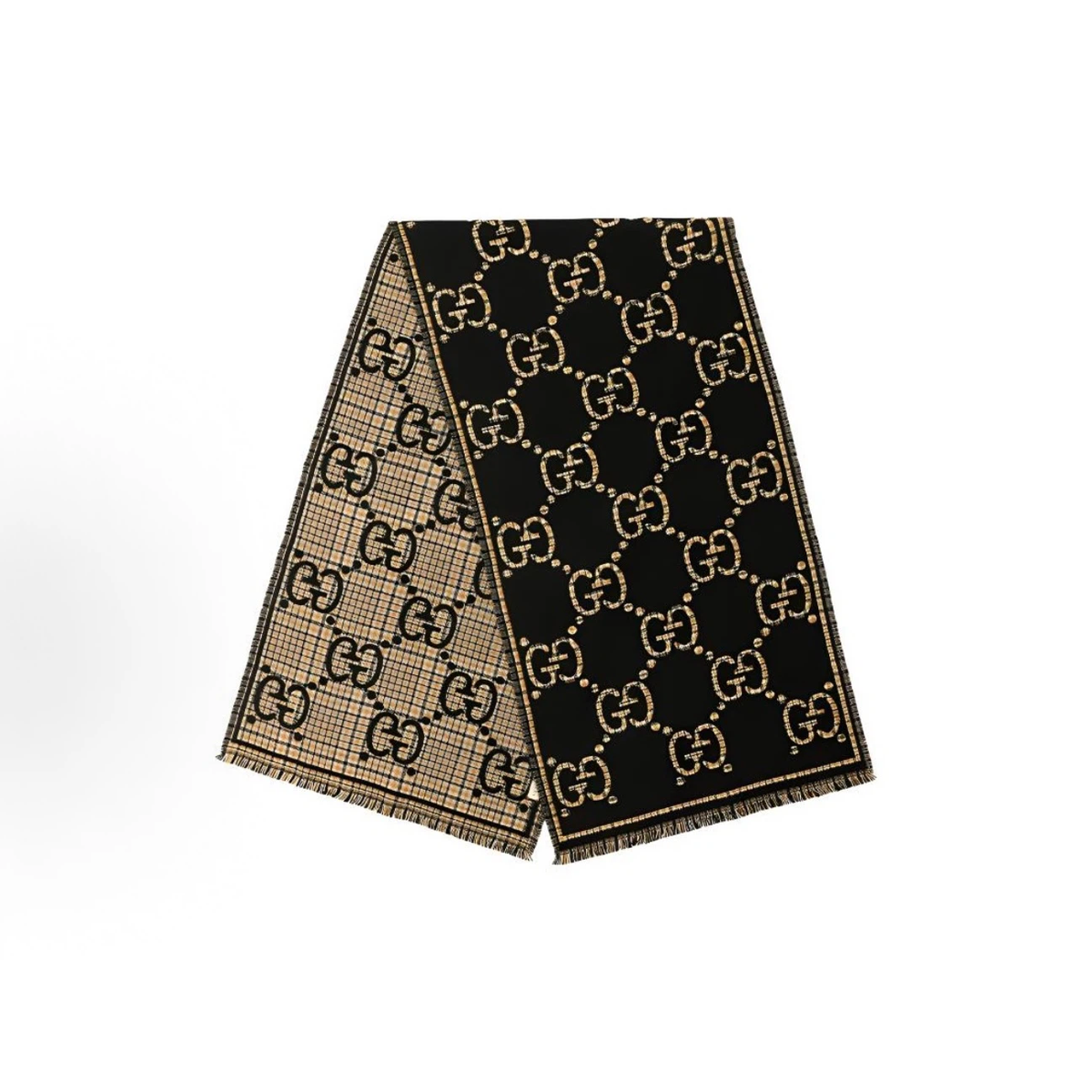Gucci Reversible GG Check Wool Scarf, Black & Beige Monogram Fringed Unisex Winter Shawl Wrap