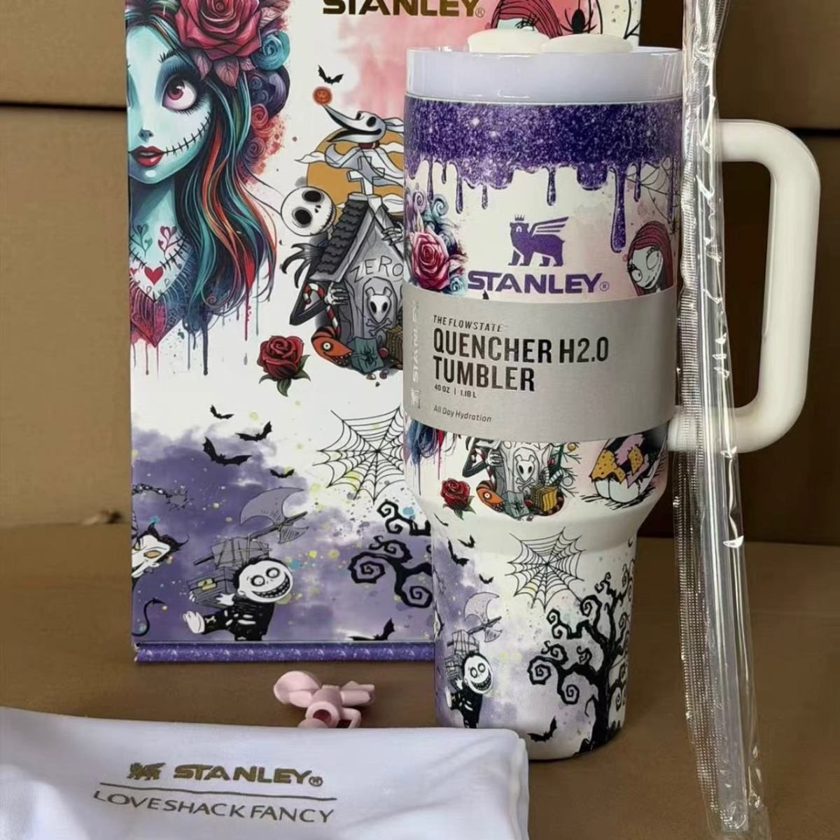 Nightmare Before Christmas 40oz Stanley Style Tumbler, Halloween Insulated Travel Mug with Lid and Straw  >