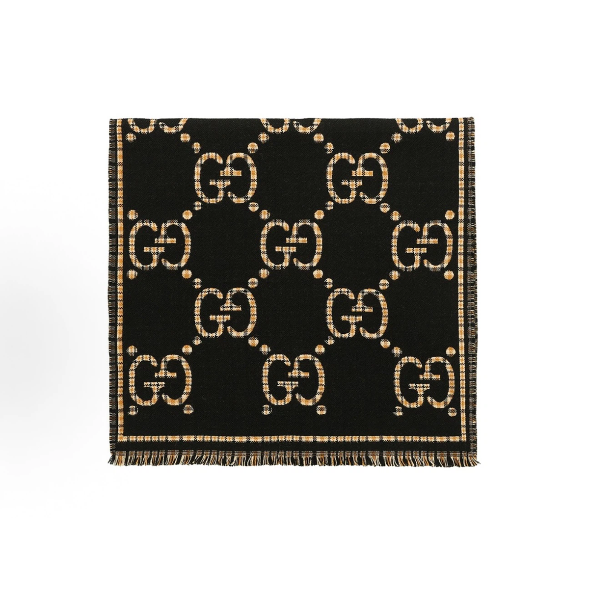 Gucci Reversible GG Check Wool Scarf, Black & Beige Monogram Fringed Unisex Winter Shawl Wrap