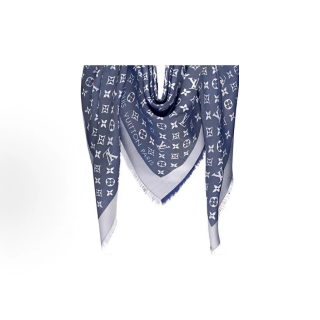 Navy Monogram Fringed Large Square Shawl Scarf